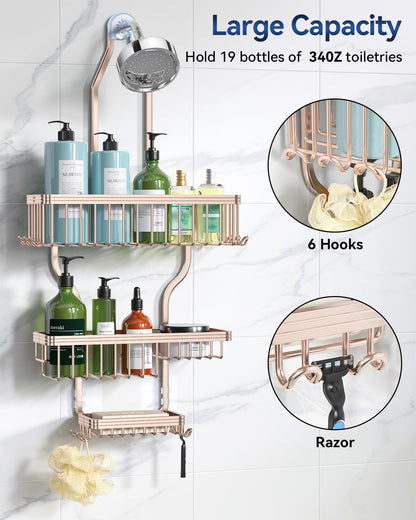 Never Rust Shower Caddy Hanging, Aluminum Shower Racks for Inside Shower, 3-Tier Shower Organizer Hanging Over Shower Head with Hooks and Soap Holder, Rose Gold