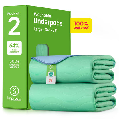 IMPROVIA® Washable Underpads, 34" x 36" (Pack of 4) - Heavy Absorbency Reusable Bedwetting Incontinence Pads for Kids, Adults, Elderly, and Pets - Waterproof Protective Pad for Bed, Couch, Sofa, Floor