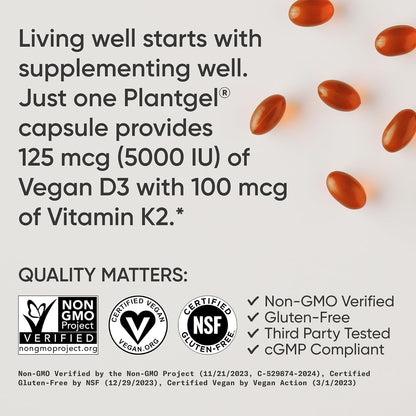 Sports Research® Vegan Vitamin D3 + K2 w/Coconut Oil, 60 Count Plantgels™ | Plant-Based Vitamin D 5000iu/125mcg & Soy-Free Vitamin K 100mcg for Bone & Immune Support - Vegan Certified · Non-GMO