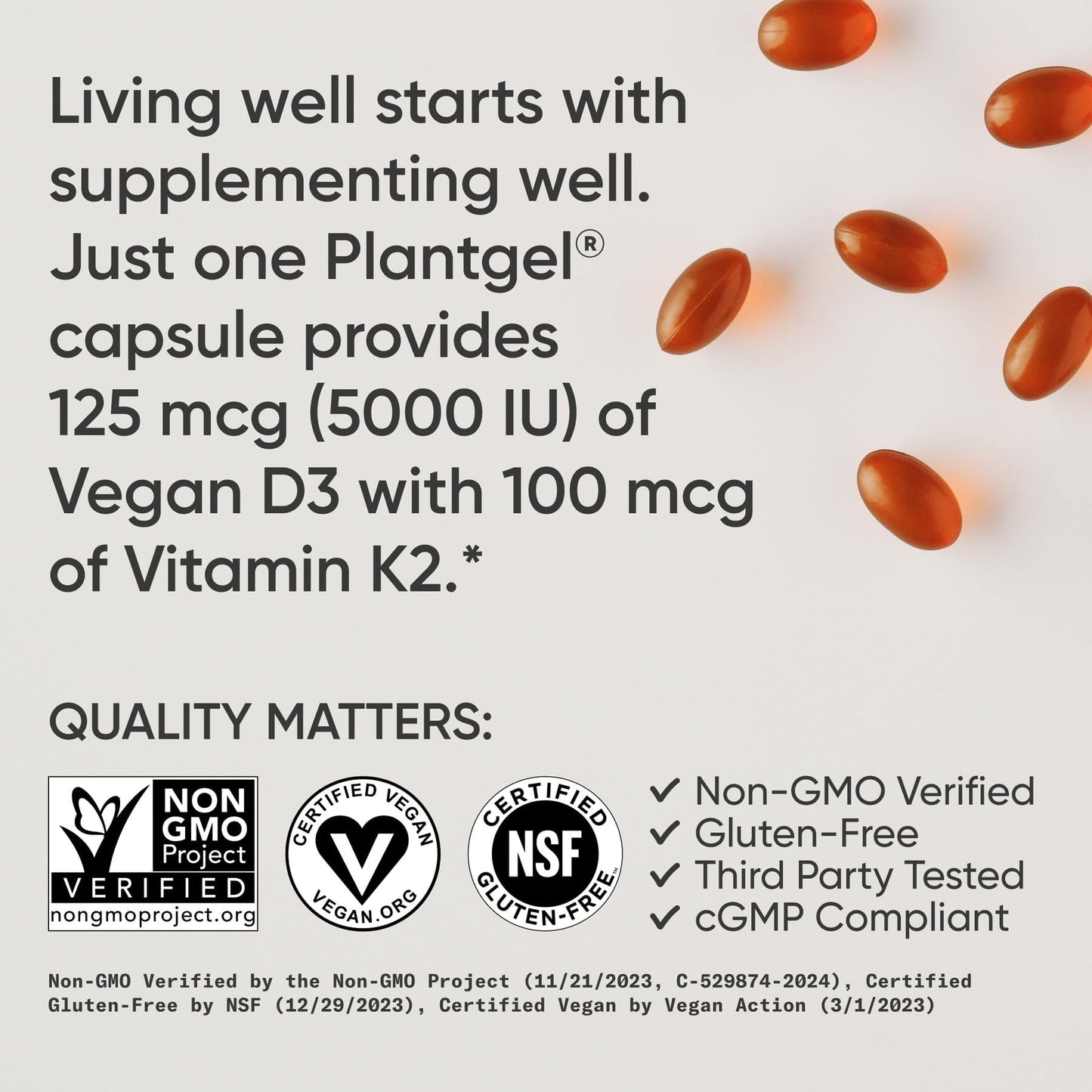 Sports Research® Vegan Vitamin D3 + K2 w/Coconut Oil, 60 Count Plantgels™ | Plant-Based Vitamin D 5000iu/125mcg & Soy-Free Vitamin K 100mcg for Bone & Immune Support - Vegan Certified · Non-GMO