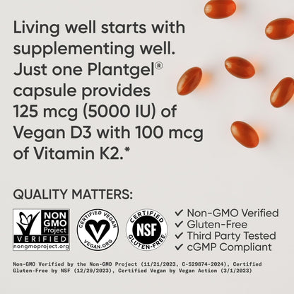 Sports Research® Vegan Vitamin D3 + K2 w/Coconut Oil, 60 Count Plantgels™ | Plant-Based Vitamin D 5000iu/125mcg & Soy-Free Vitamin K 100mcg for Bone & Immune Support - Vegan Certified · Non-GMO