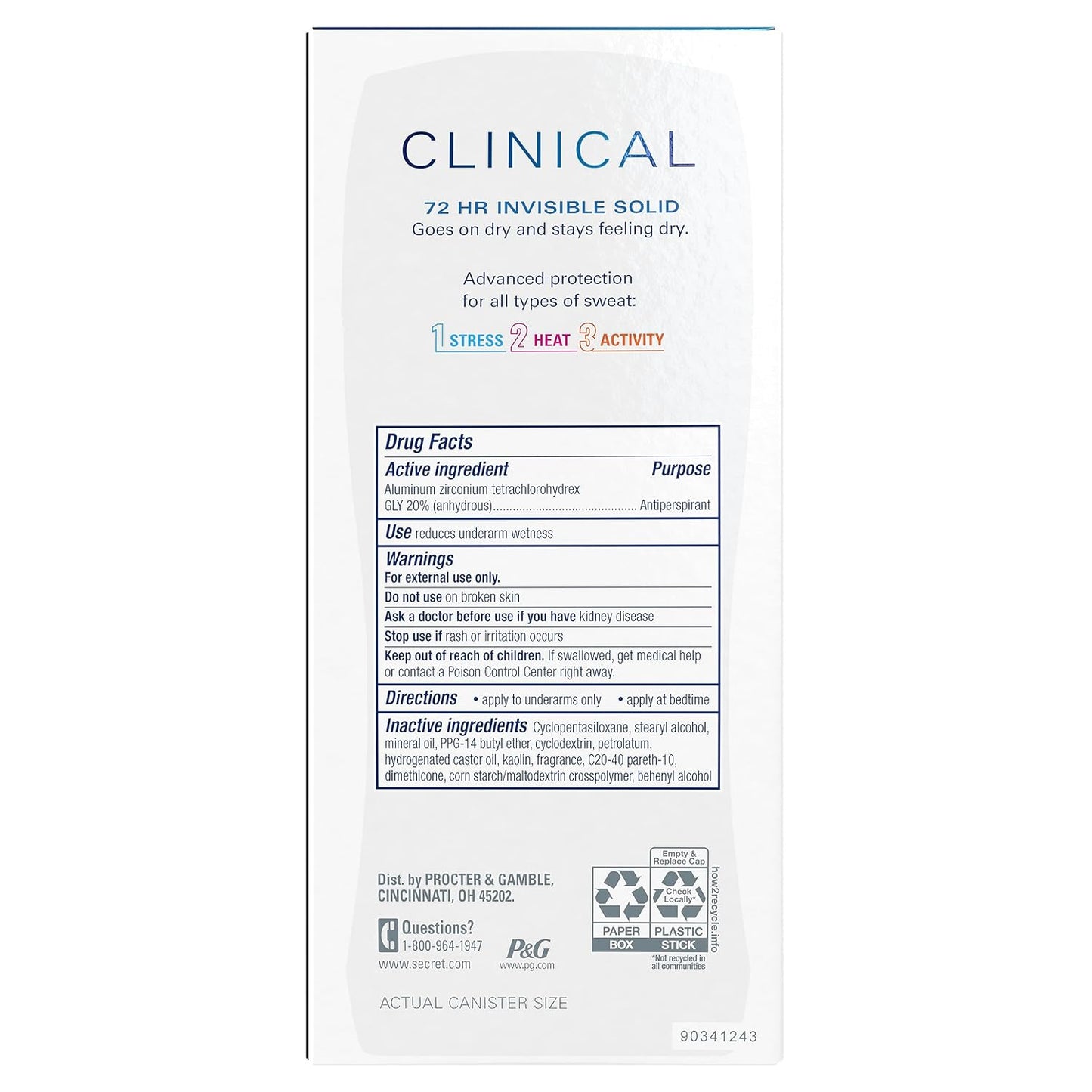 Secret Clinical Strength Invisible Solid Antiperspirant Deodorant for Women, 100HR Sweat & Odor Protection, 3X Stress Protection with Hyaluronic Acid, PH Balanced, Completely Clean Scent, 2.6 oz