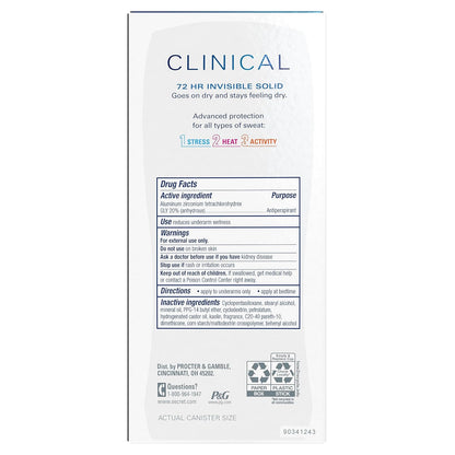 Secret Clinical Strength Invisible Solid Antiperspirant Deodorant for Women, 100HR Sweat & Odor Protection, 3X Stress Protection with Hyaluronic Acid, PH Balanced, Completely Clean Scent, 2.6 oz