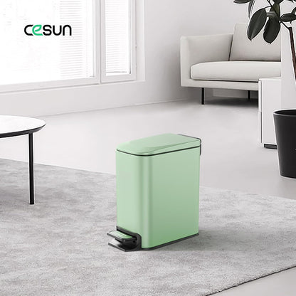 Cesun Small Bathroom Trash Can with Lid, 1.6 Gal, Soft Close, Sage Green | Step pedal soft close, Slim 5.9in fits narrow spaces, Stainless steel, Anti-fingerprint, Removable inner bucket, Odor seal