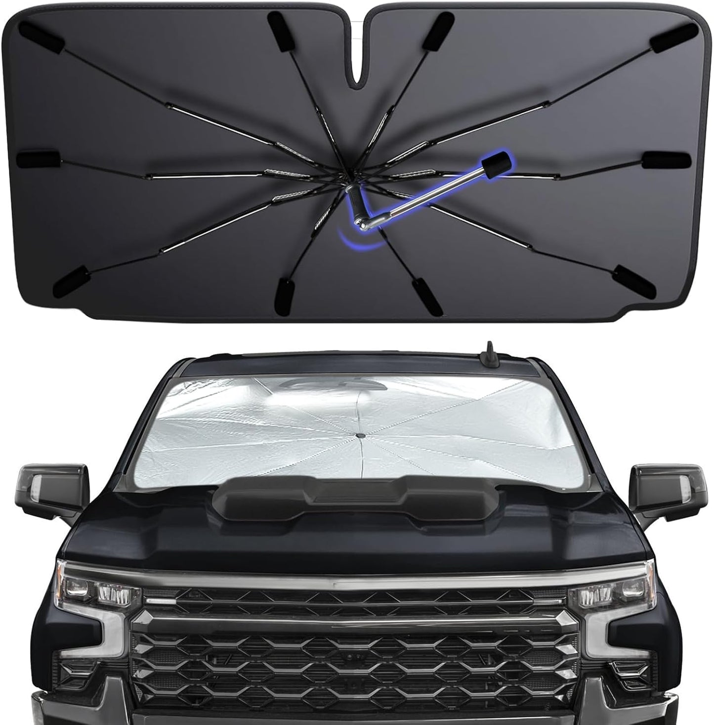 [2026 Upgraded] Windshield Sun Shade Umbrella, Car Sunshade for Trucks&SUVs | UV Protection, Heat Insulation & Automotive Interior Sun Protection for Outdoor Parking Camping (X-Large)