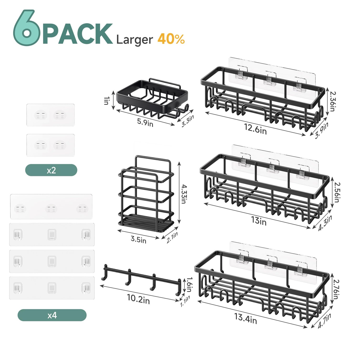 Veken Large Capacity Shower Caddy 6-Pack, No Drilling & Rustproof, Adhesive Shower Shelves with Soap Holder, Bathroom Organizers and Storage, Wall-Mounted Kitchen & Home Decor, Pink