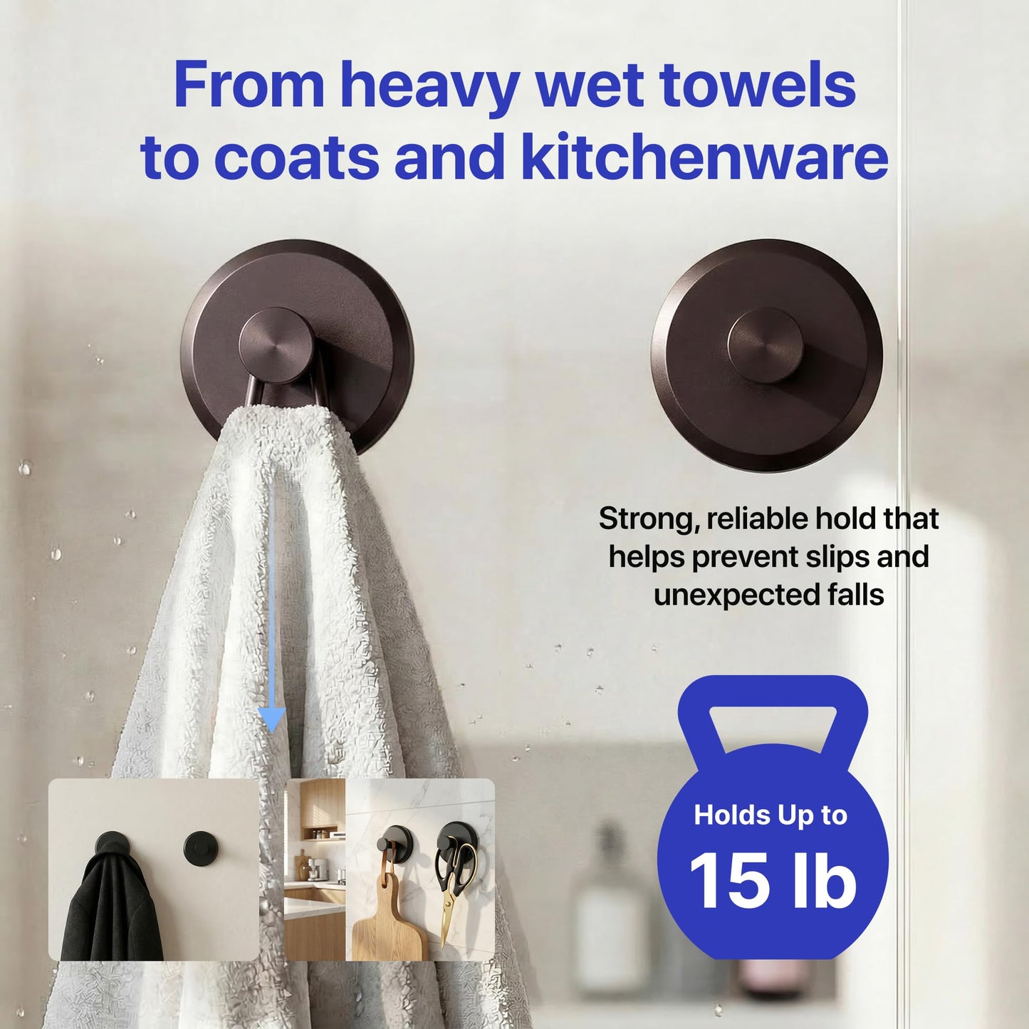 HOME SO Suction Cup Hooks for Shower & Bathroom Towel Holder 2-Pack Black | Waterproof Rustproof Organizer Hook Hanging Loofah Robe Coat Bath Accessories on Tile Glass Door Mirror + Optional 3M Disc