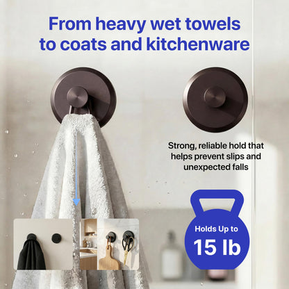 HOME SO Suction Cup Hooks for Shower & Bathroom Towel Holder 2-Pack Black | Waterproof Rustproof Organizer Hook Hanging Loofah Robe Coat Bath Accessories on Tile Glass Door Mirror + Optional 3M Disc