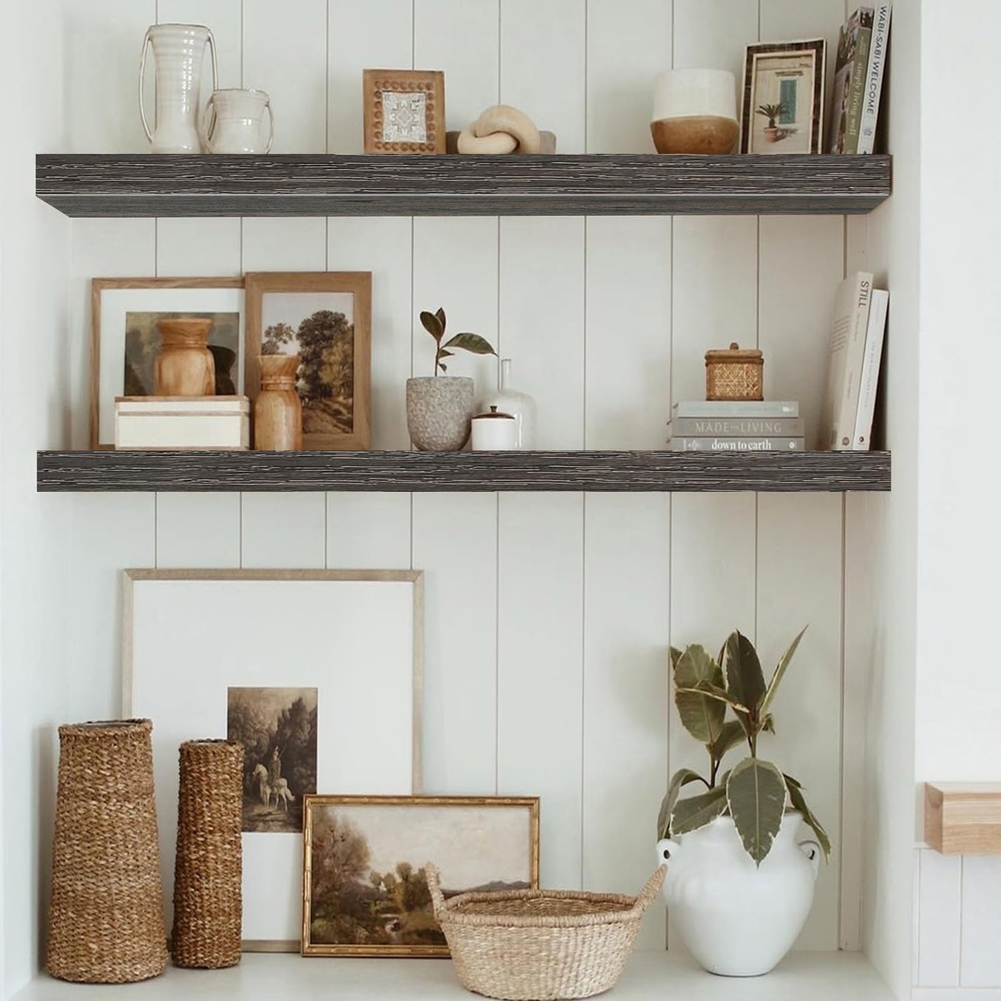 QEEIG Bathroom Floating Shelves for Wall - 15.7" Wall Mounted Shelf Over Toilet Farmhouse Home Decor Display Bookshelf Small 15.7 x 6.7 inch Set of 2, Rustic Brown (008-40BN)