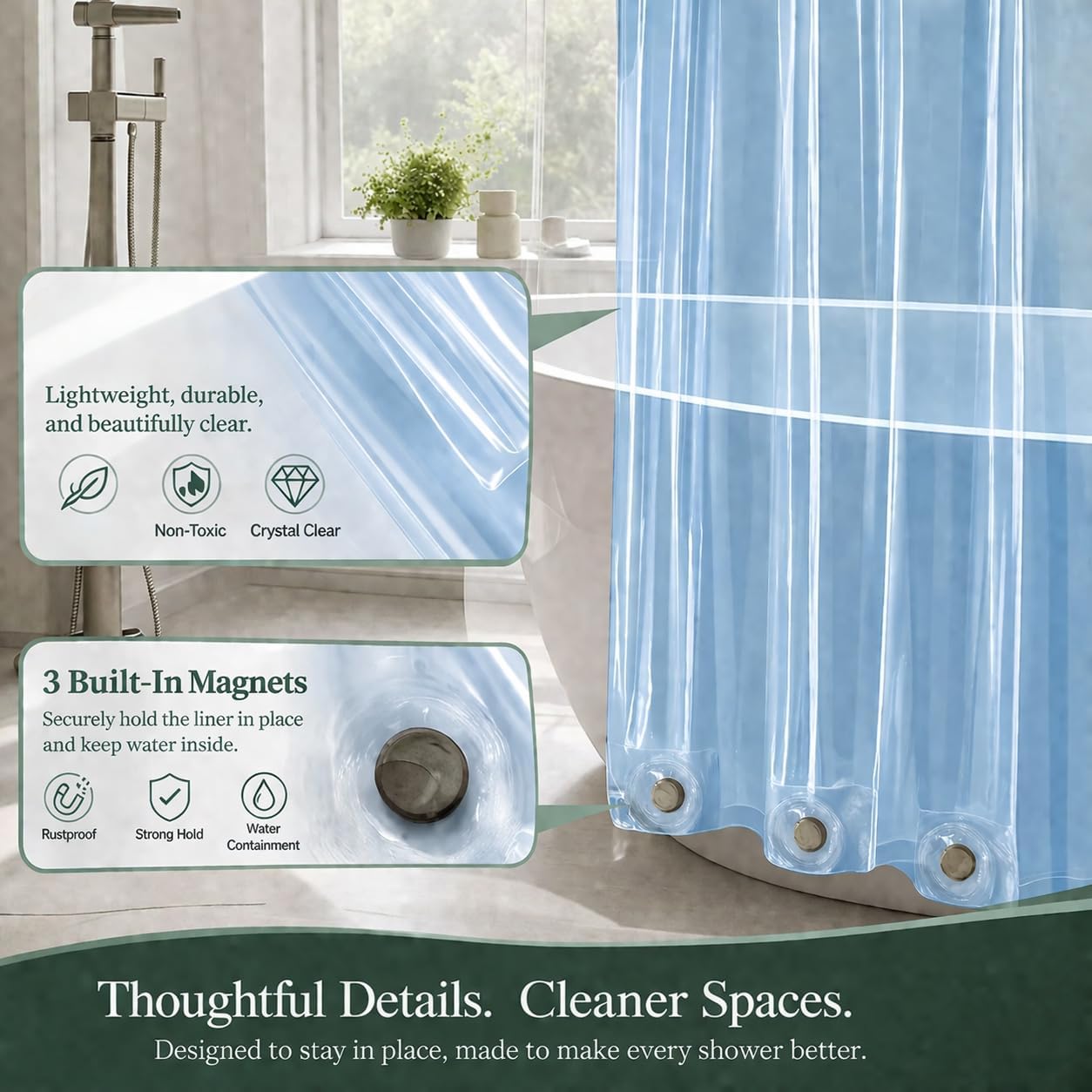 EHZNZIE White Shower Curtain Liner 72x72, PEVA Waterproof Bath Curtain, No Chemical Smell, 3 Weighted Magnets, Durable with Rustproof Metal Grommets