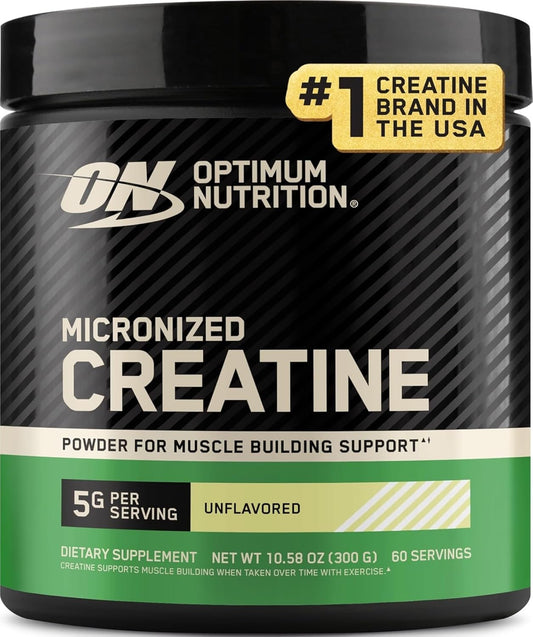 Optimum Nutrition Creatine, Micronized Creatine Monohydrate Powder, Supports Strength & Recovery, Banned Substance Tested, Unflavored, 5g per Serving, 60 Servings | 5g Micronized Creatine Monohydrate Powder Per Serving, Supports Muscle Strength & Power, E