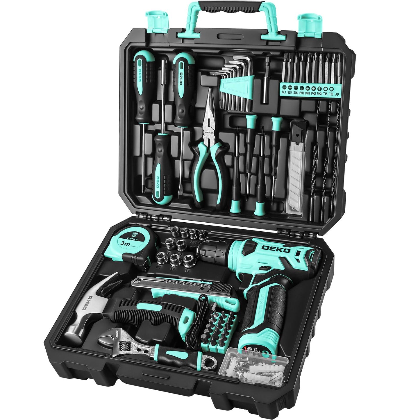 DEKOPRO Drill Set, Home Tool Set with 8V Pink Cordless Drill, Hand Tool Kit for Women, 126 pcs