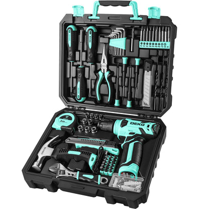 DEKOPRO Drill Set, Home Tool Set with 8V Pink Cordless Drill, Hand Tool Kit for Women, 126 pcs