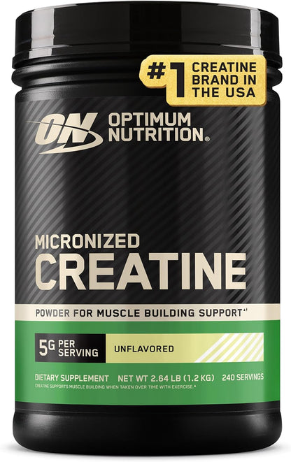 Optimum Nutrition Creatine, Micronized Creatine Monohydrate Powder, Supports Strength & Recovery, Banned Substance Tested, Unflavored, 5g per Serving, 60 Servings | 5g Micronized Creatine Monohydrate Powder Per Serving, Supports Muscle Strength & Power, E