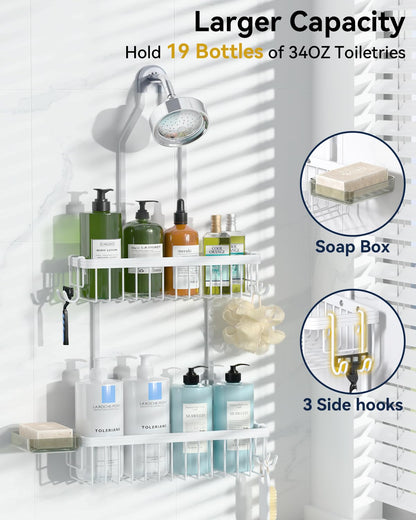 Never Rust Shower Caddy Hanging, Aluminum Shower Racks for Inside Shower, 3-Tier Shower Organizer Hanging Over Shower Head with Hooks and Soap Holder, Rose Gold