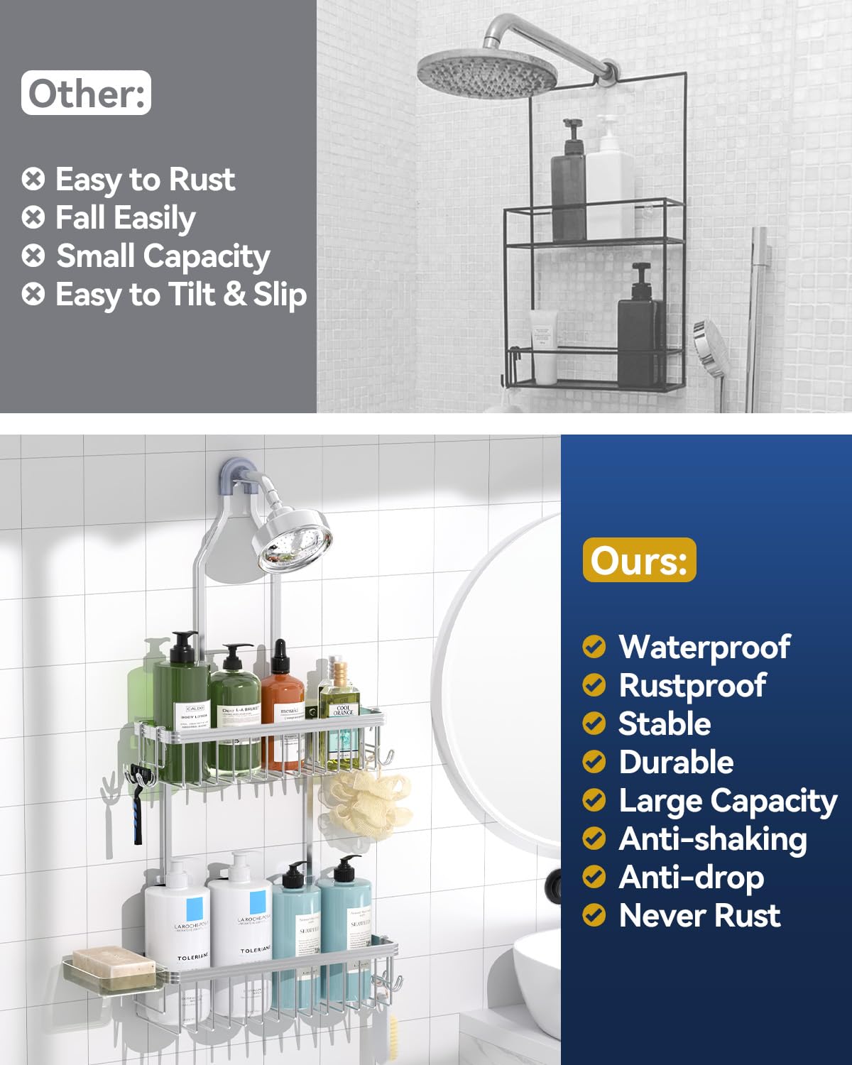 Never Rust Shower Caddy Hanging, Aluminum Shower Racks for Inside Shower, 3-Tier Shower Organizer Hanging Over Shower Head with Hooks and Soap Holder, Rose Gold