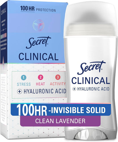 Secret Clinical Strength Invisible Solid Antiperspirant Deodorant for Women, 100HR Sweat & Odor Protection, 3X Stress Protection with Hyaluronic Acid, PH Balanced, Completely Clean Scent, 2.6 oz
