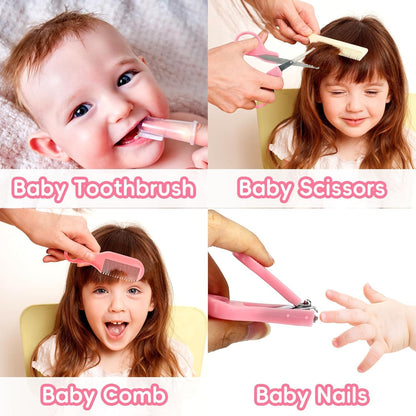Baby Grooming Kit, Infant Safety Care Set with Hair Brush Comb Nail Clipper Nasal Aspirator,Baby Essentials Kit for Newborn Girls Boys (Grey White)
