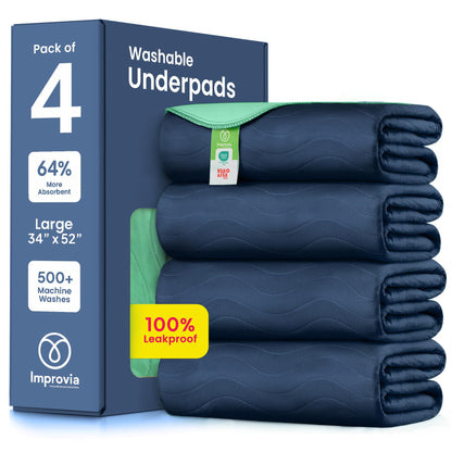 IMPROVIA® Washable Underpads, 34" x 36" (Pack of 4) - Heavy Absorbency Reusable Bedwetting Incontinence Pads for Kids, Adults, Elderly, and Pets - Waterproof Protective Pad for Bed, Couch, Sofa, Floor