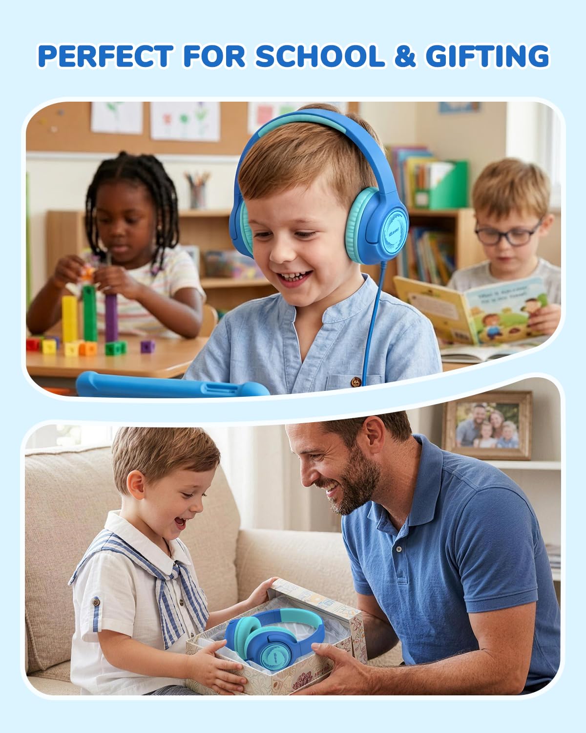 iClever C371 Kids Headphones with Cord for School Boys Girls Travel Gift | SafeSound Tech3.0, Stereo Sound, 3.5mm Jack, Foldable, Durable Headband, Safe Wired Headphones for Kids, Powder Blue
