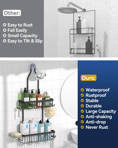 Never Rust Shower Caddy Hanging, Aluminum Shower Racks for Inside Shower, 3-Tier Shower Organizer Hanging Over Shower Head with Hooks and Soap Holder, Rose Gold