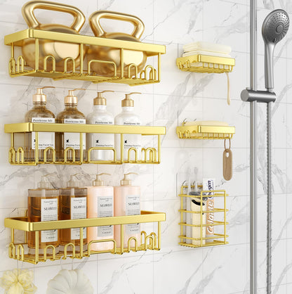 Veken Large Capacity Shower Caddy 6-Pack, No Drilling & Rustproof, Adhesive Shower Shelves with Soap Holder, Bathroom Organizers and Storage, Wall-Mounted Kitchen & Home Decor, Pink