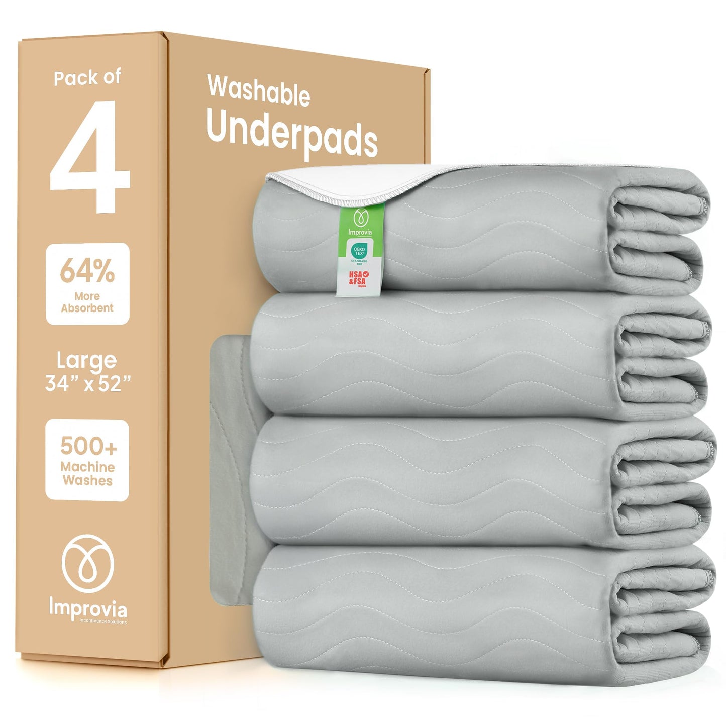 IMPROVIA® Washable Underpads, 34" x 36" (Pack of 4) - Heavy Absorbency Reusable Bedwetting Incontinence Pads for Kids, Adults, Elderly, and Pets - Waterproof Protective Pad for Bed, Couch, Sofa, Floor