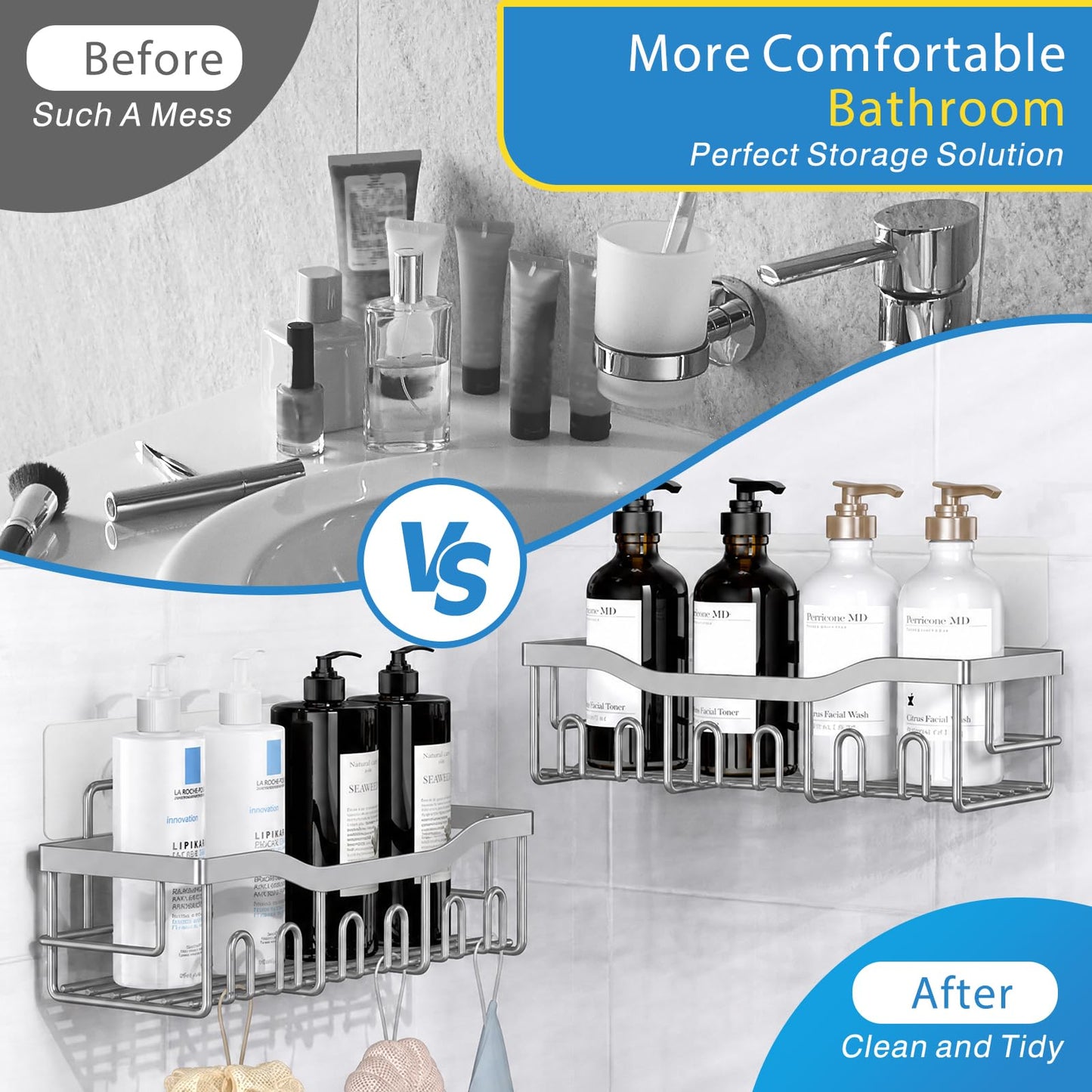 EUDELE Adhesive Shower Caddy, 5 Pack Rustproof Stainless Steel Bath Organizers With Large Capacity, No Drilling Shelves for Bathroom Storage & Home Decor