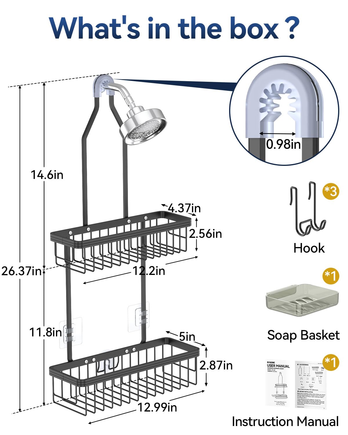 Never Rust Shower Caddy Hanging, Aluminum Shower Racks for Inside Shower, 3-Tier Shower Organizer Hanging Over Shower Head with Hooks and Soap Holder, Rose Gold