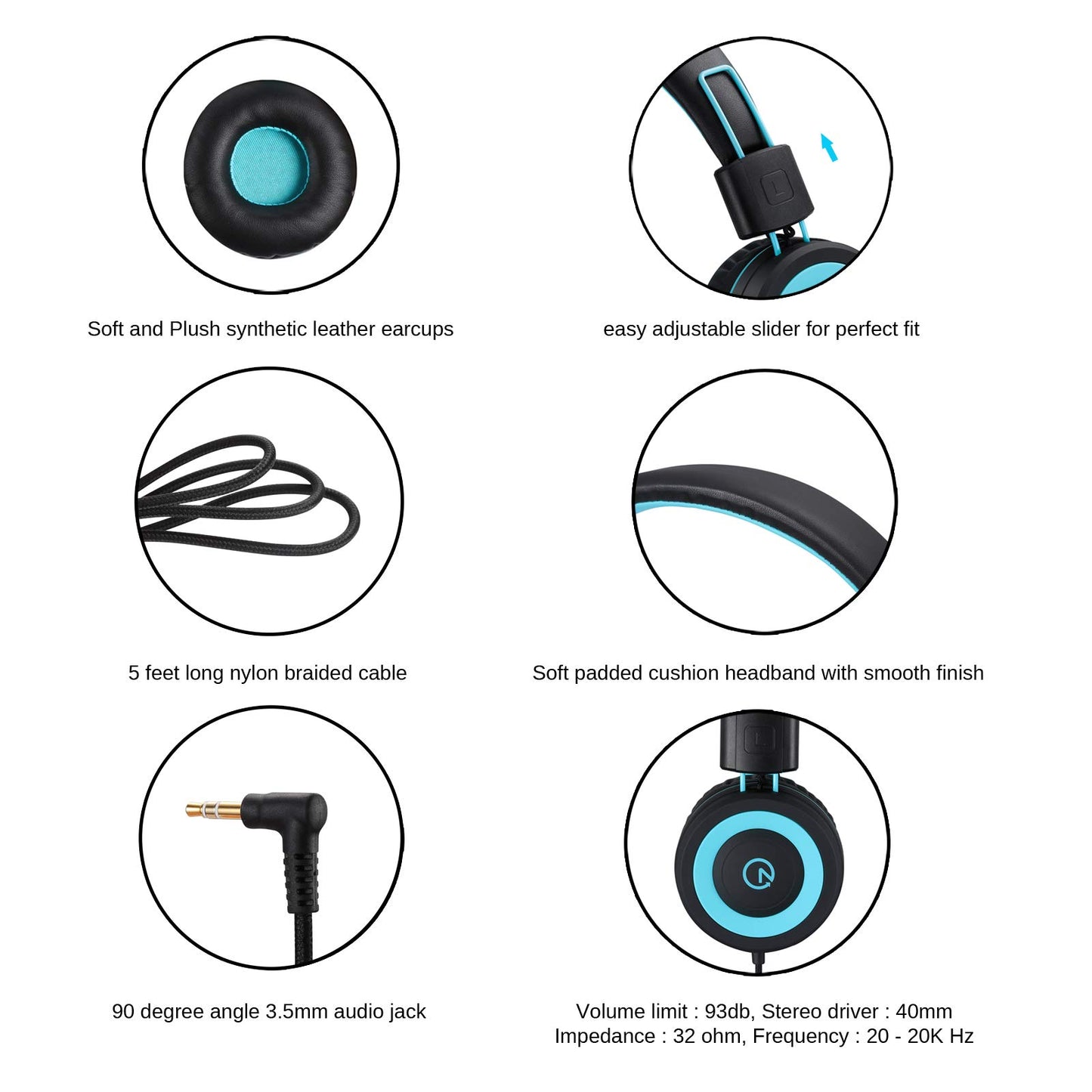 noot products K11 Kids Headphones with Wired Cord 3.5mm Jack Navy/Teal | 5ft Long Cord, Tangle Free, Foldable, Plug in On-Ear Headset for School, Classroom, Boys, Girls, Toddler Laptop Travel Tablet