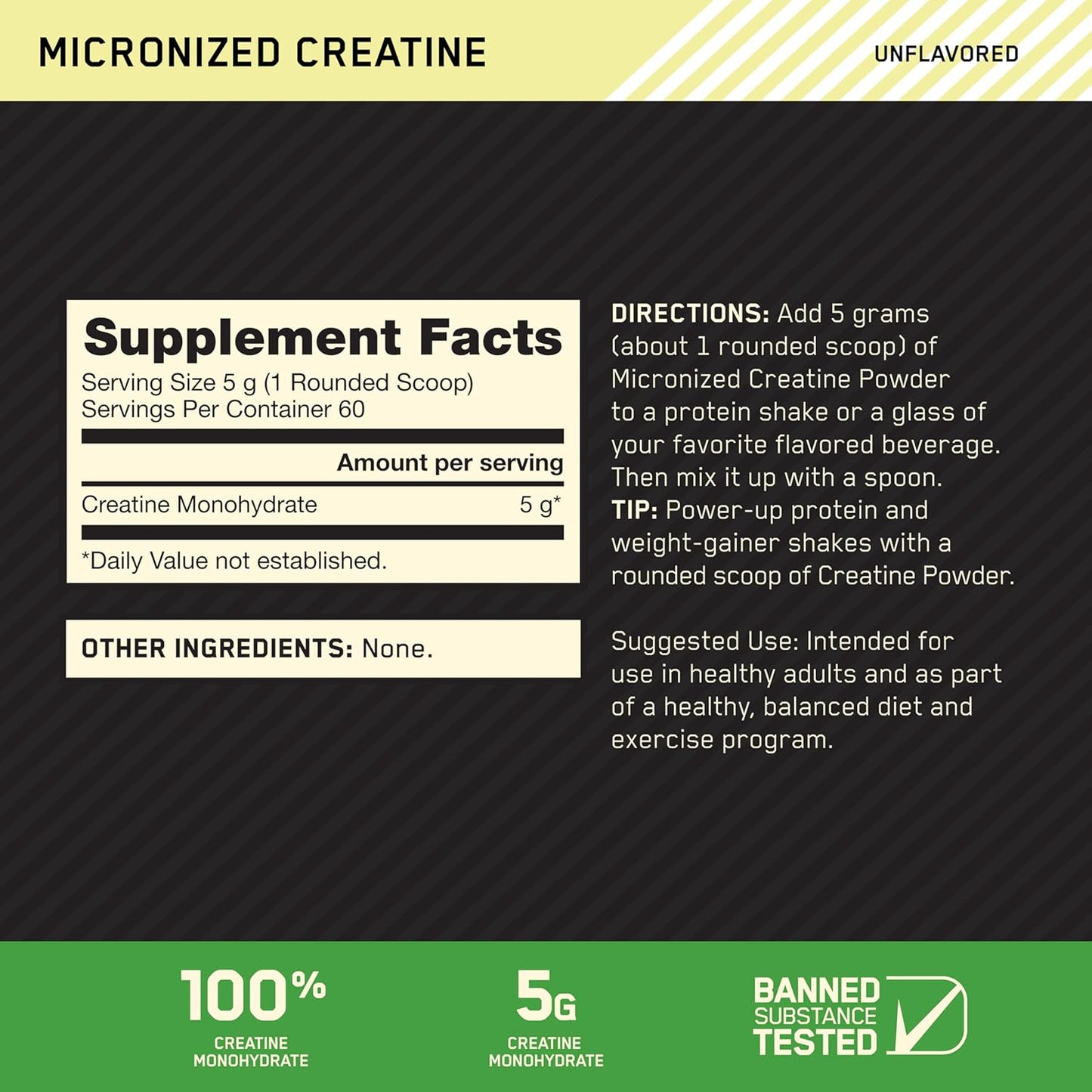 Optimum Nutrition Creatine, Micronized Creatine Monohydrate Powder, Supports Strength & Recovery, Banned Substance Tested, Unflavored, 5g per Serving, 60 Servings | 5g Micronized Creatine Monohydrate Powder Per Serving, Supports Muscle Strength & Power, E
