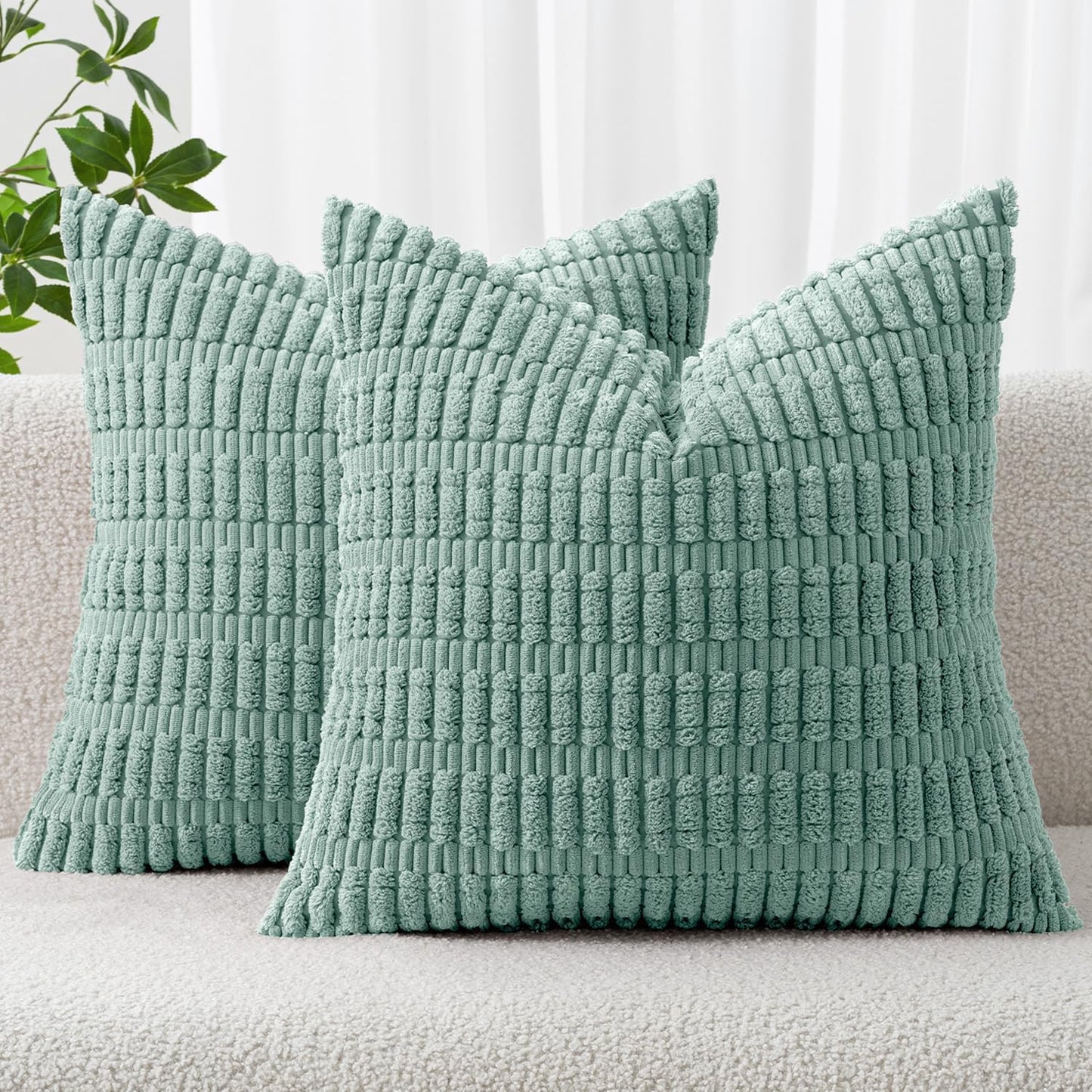MIULEE Corduroy Decorative Throw Pillow Covers 18x18 Aqua Green Pack of 2 | Soft Boho Striped Pillow Covers Modern Farmhouse Home Decor For Sofa Living Room Couch Bed