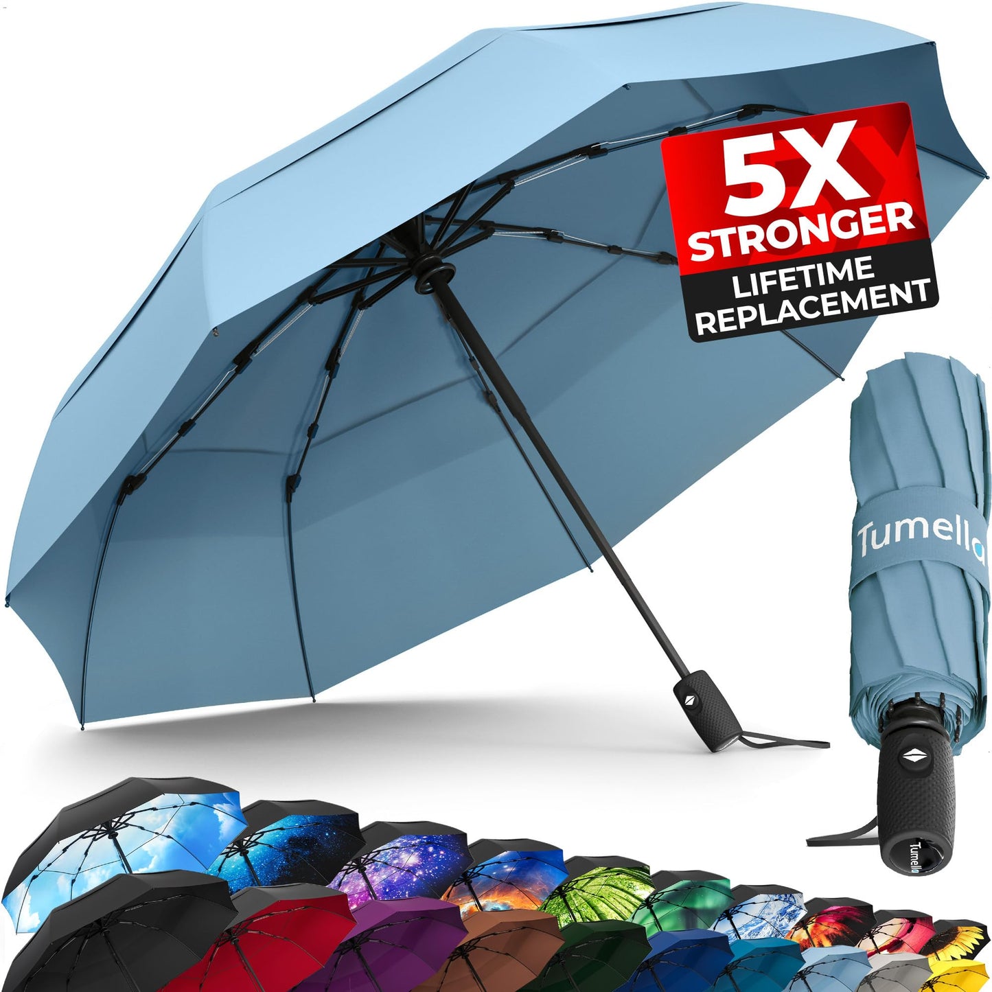 Strongest Windproof Travel Umbrella (Compact, 100MPH Wind-Tested), Light, Portable, One-Handed Use, Automatic Folding Rain Umbrella, Durable, Premium Grip, Fits Car & Backpack