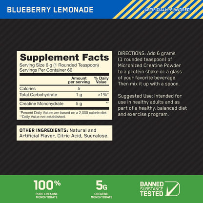Optimum Nutrition Creatine, Micronized Creatine Monohydrate Powder, Supports Strength & Recovery, Banned Substance Tested, Unflavored, 5g per Serving, 60 Servings | 5g Micronized Creatine Monohydrate Powder Per Serving, Supports Muscle Strength & Power, E