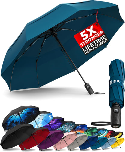 Strongest Windproof Travel Umbrella (Compact, 100MPH Wind-Tested), Light, Portable, One-Handed Use, Automatic Folding Rain Umbrella, Durable, Premium Grip, Fits Car & Backpack