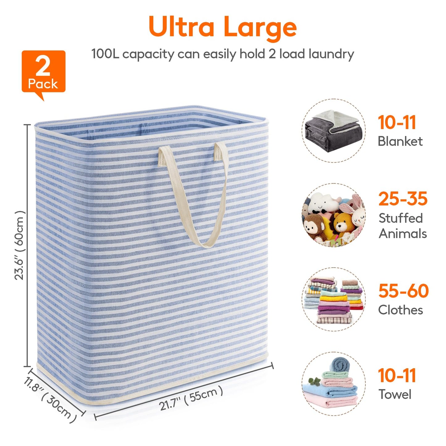 Lifewit 2 Pack Laundry Basket 80L Each, Collapsible Clothes Hamper with Reinforced Handles, Freestanding Waterproof Design for Bedroom and Laundry Room, Grey 160L Total