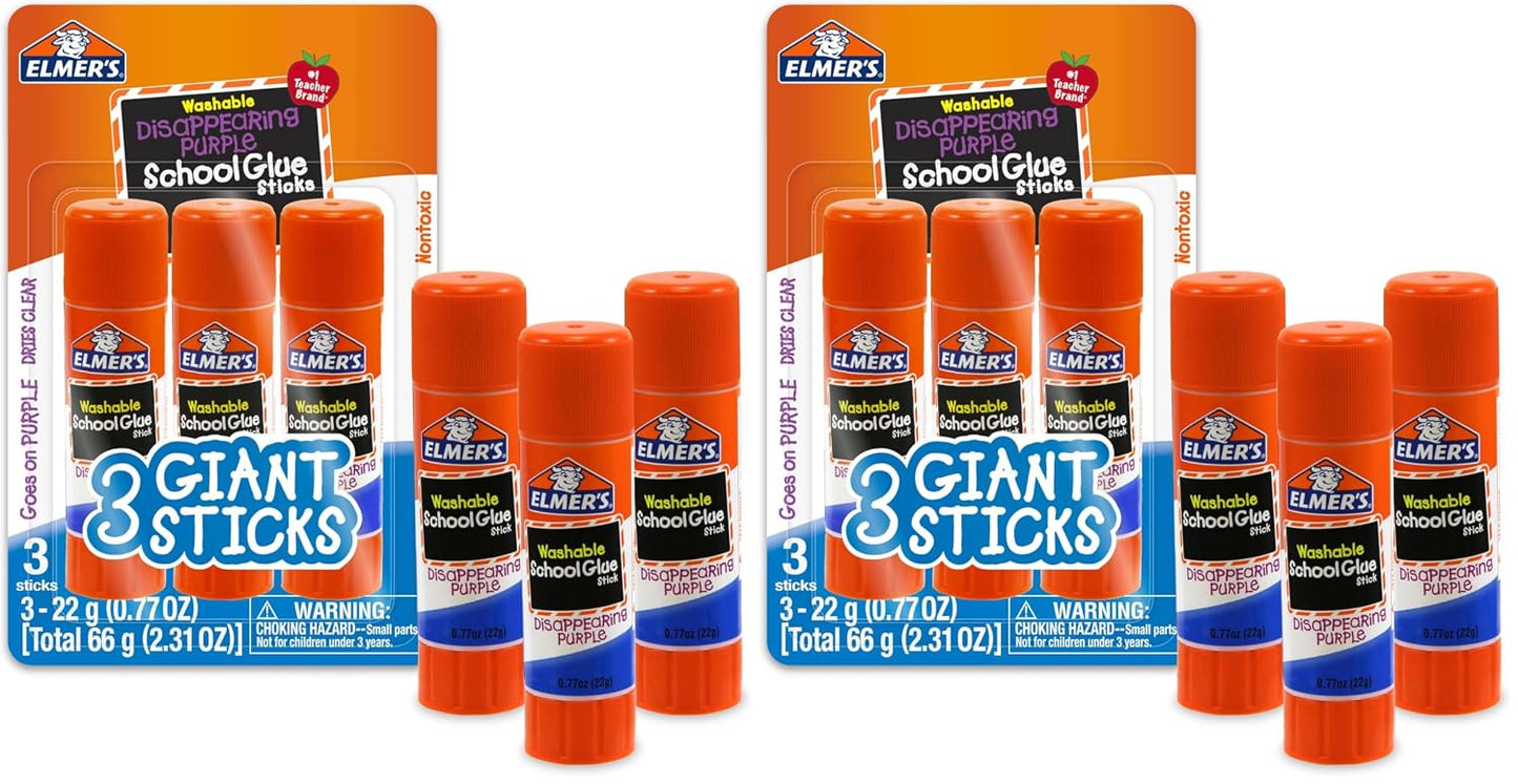 Elmer's Disappearing Purple School Glue Sticks, Washable, 22 Grams, 3 Count - Poster, Vision Board, Back to School Supplies, #1 Teacher Brand (Pack of 2)