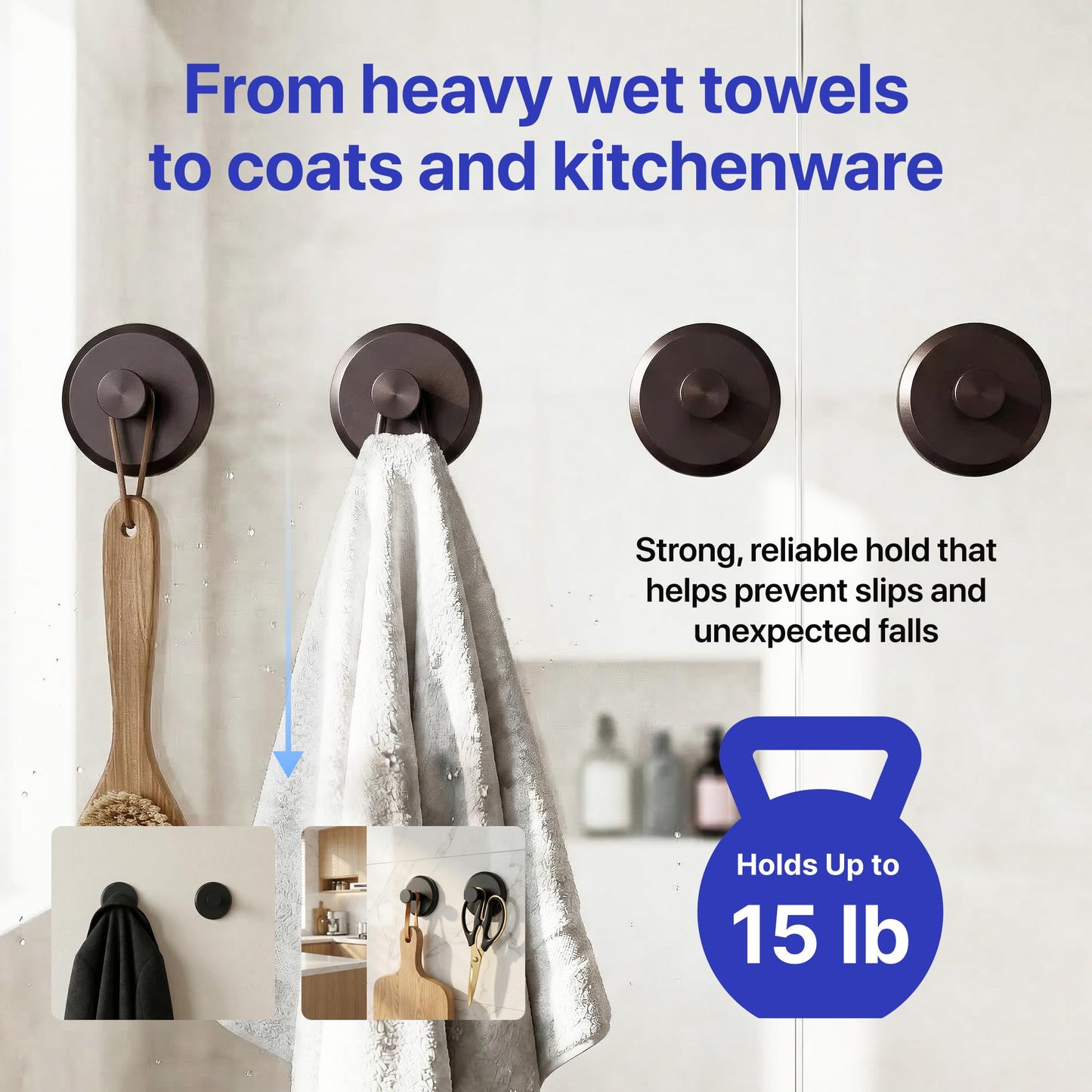 HOME SO Suction Cup Hooks for Shower & Bathroom Towel Holder 2-Pack Black | Waterproof Rustproof Organizer Hook Hanging Loofah Robe Coat Bath Accessories on Tile Glass Door Mirror + Optional 3M Disc