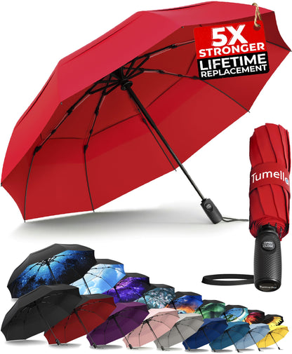 Strongest Windproof Travel Umbrella (Compact, 100MPH Wind-Tested), Light, Portable, One-Handed Use, Automatic Folding Rain Umbrella, Durable, Premium Grip, Fits Car & Backpack