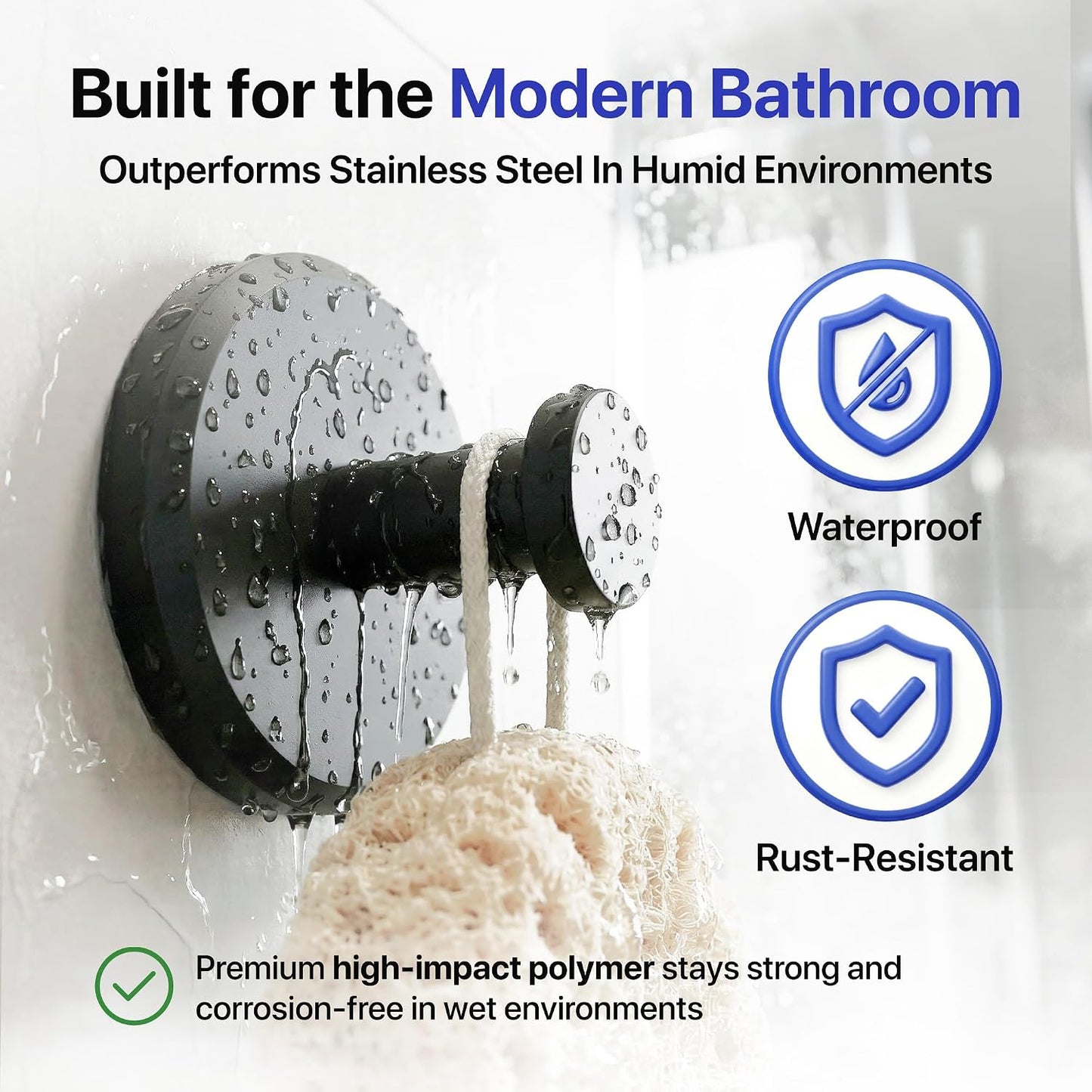 HOME SO Suction Cup Hooks for Shower & Bathroom Towel Holder 2-Pack Black | Waterproof Rustproof Organizer Hook Hanging Loofah Robe Coat Bath Accessories on Tile Glass Door Mirror + Optional 3M Disc