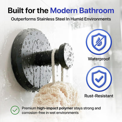 HOME SO Suction Cup Hooks for Shower & Bathroom Towel Holder 2-Pack Black | Waterproof Rustproof Organizer Hook Hanging Loofah Robe Coat Bath Accessories on Tile Glass Door Mirror + Optional 3M Disc