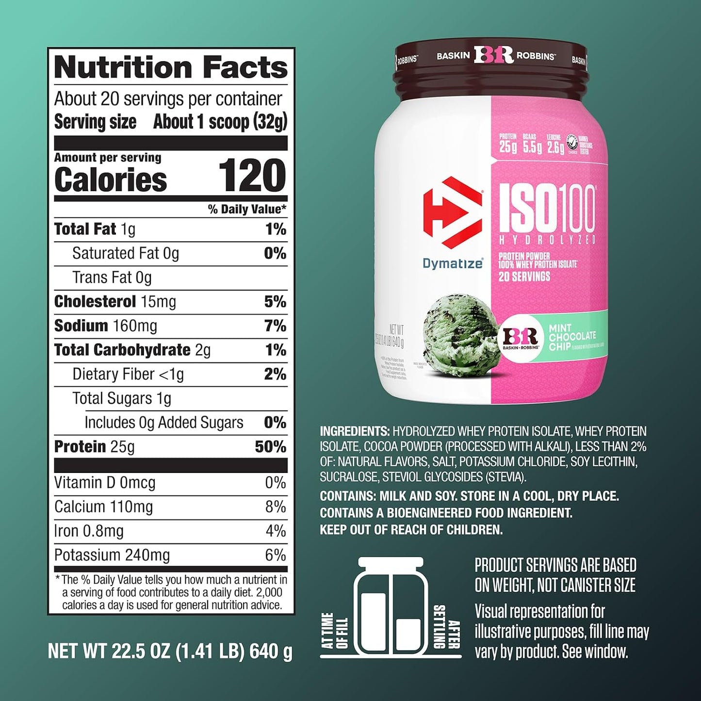 Dymatize ISO100 Protein Powder, 100% Whey Isolate, Cookies & Cream | 25g Protein, Hydrolyzed, Fast-Absorbing, Supports Muscle Health, 5.5g BCAAs, Gluten-Free, 20 Servings, 1.3 lb