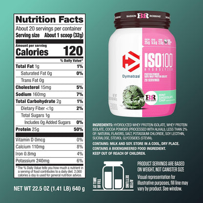 Dymatize ISO100 Protein Powder, 100% Whey Isolate, Cookies & Cream | 25g Protein, Hydrolyzed, Fast-Absorbing, Supports Muscle Health, 5.5g BCAAs, Gluten-Free, 20 Servings, 1.3 lb