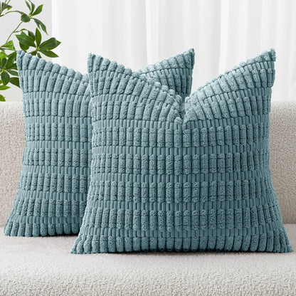 MIULEE Corduroy Decorative Throw Pillow Covers 18x18 Aqua Green Pack of 2 | Soft Boho Striped Pillow Covers Modern Farmhouse Home Decor For Sofa Living Room Couch Bed