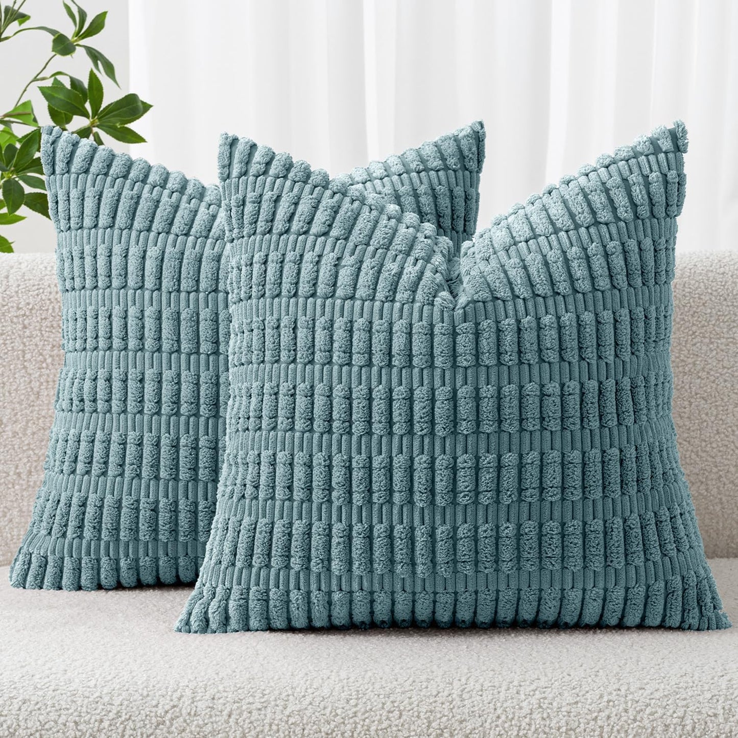 MIULEE Corduroy Decorative Throw Pillow Covers 18x18 Aqua Green Pack of 2 | Soft Boho Striped Pillow Covers Modern Farmhouse Home Decor For Sofa Living Room Couch Bed