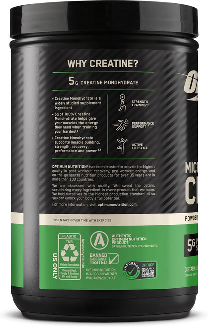 Optimum Nutrition Creatine, Micronized Creatine Monohydrate Powder, Supports Strength & Recovery, Banned Substance Tested, Unflavored, 5g per Serving, 60 Servings | 5g Micronized Creatine Monohydrate Powder Per Serving, Supports Muscle Strength & Power, E
