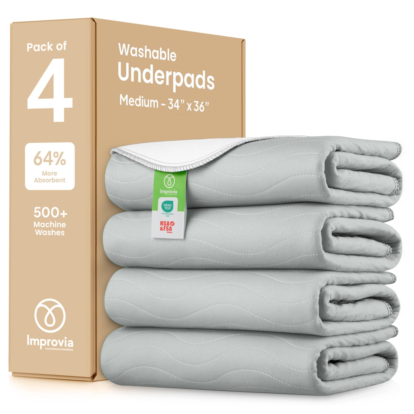 IMPROVIA® Washable Underpads, 34" x 36" (Pack of 4) - Heavy Absorbency Reusable Bedwetting Incontinence Pads for Kids, Adults, Elderly, and Pets - Waterproof Protective Pad for Bed, Couch, Sofa, Floor