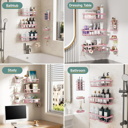 Veken Large Capacity Shower Caddy 6-Pack, No Drilling & Rustproof, Adhesive Shower Shelves with Soap Holder, Bathroom Organizers and Storage, Wall-Mounted Kitchen & Home Decor, Pink