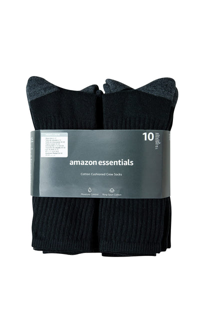 Amazon Essentials Men's Cotton Crew Athletic Moisture Wicking Sports Socks with Cushioned Sole, 10 Pairs