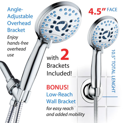 AquaCare 8-mode High Pressure Handheld Shower Head with 2-mode Power Wash | Stay Clean Nozzles, Dual Power Wash for Tub, Tile & Pets, Long 6 ft. Stainless Steel Hose, Wall & Overhead Brackets / Chrome